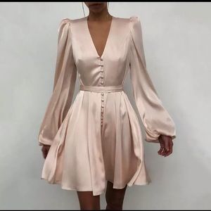 Dress Puff Sleeve Ruffled Button Long Sleeve